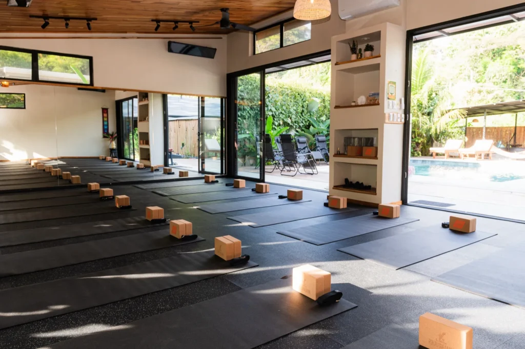 mats with blocks in yoga studio